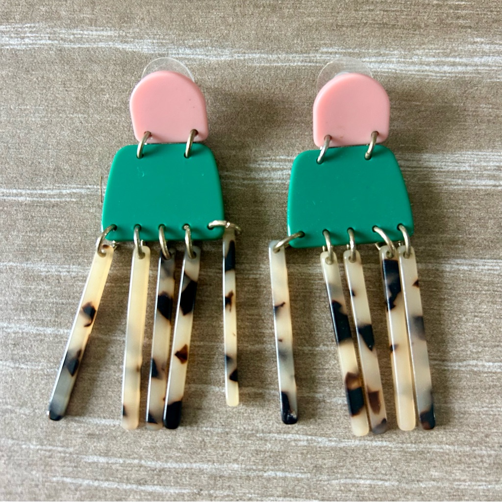 Pink And Green Geometric Dangle Earrings